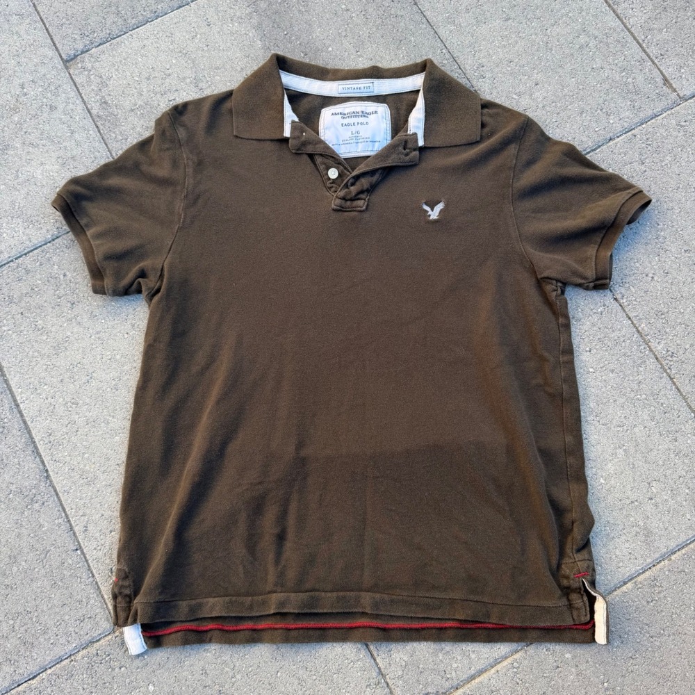 American Eagle Outfitters Mens Eagle Polo Shirt Brown Vintage Fit Large